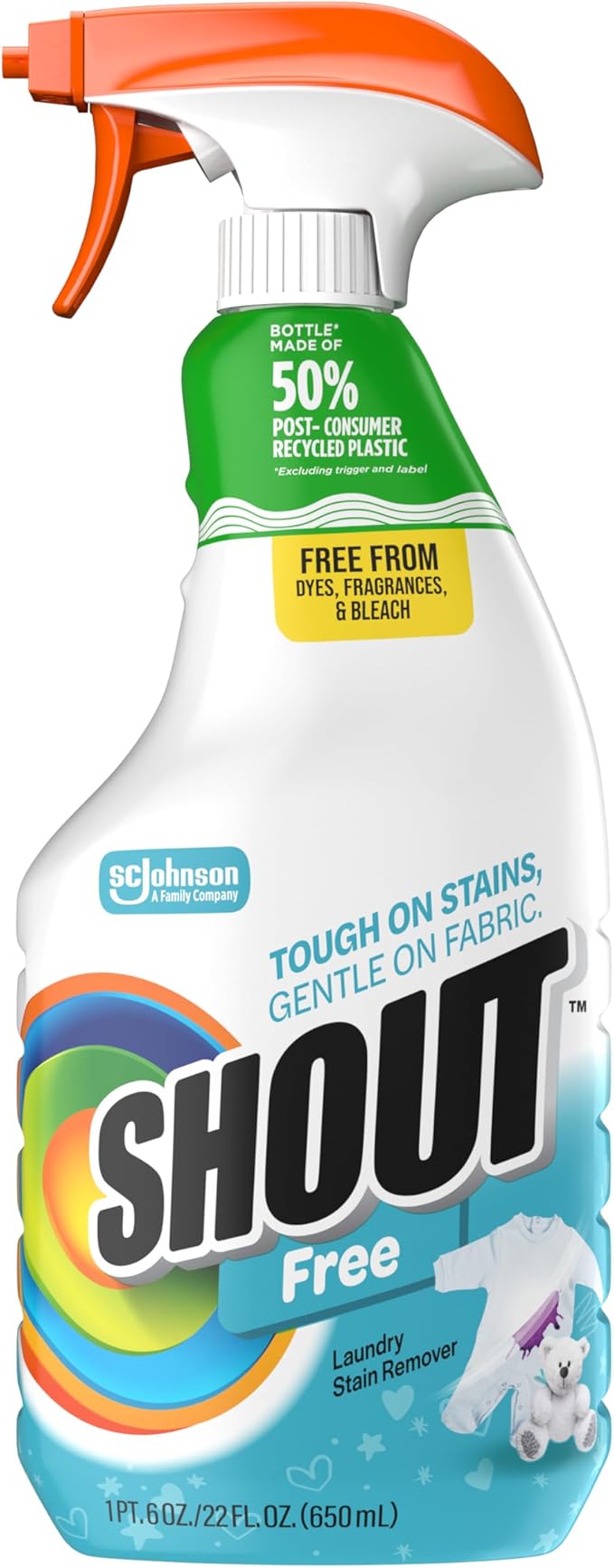 Shout Free Laundry Stain Remover Spray, Active Enzyme Formula is Fragrance, Bleach, and Dye Free, Removes Everyday Stains including Baby Stains - 22oz Spray