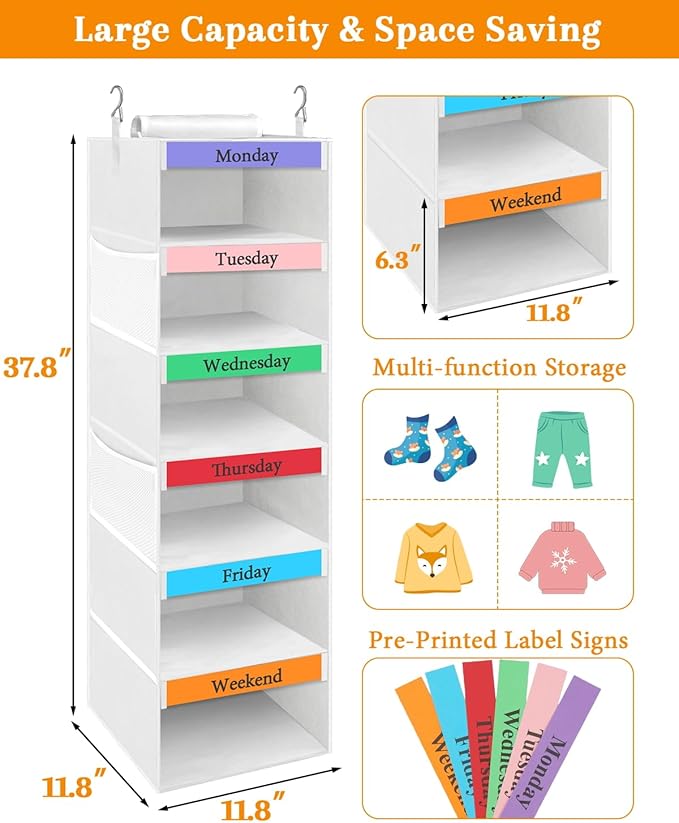 punemi Weekly Clothes Organizer for Kids, 6-Shelf Hanging Closet Storage with Side Pockets, Days of The Week Design, 11.8" x 11.8" x 37.8", Perfect for Organizing a Week's Worth of Kids' Clothing
