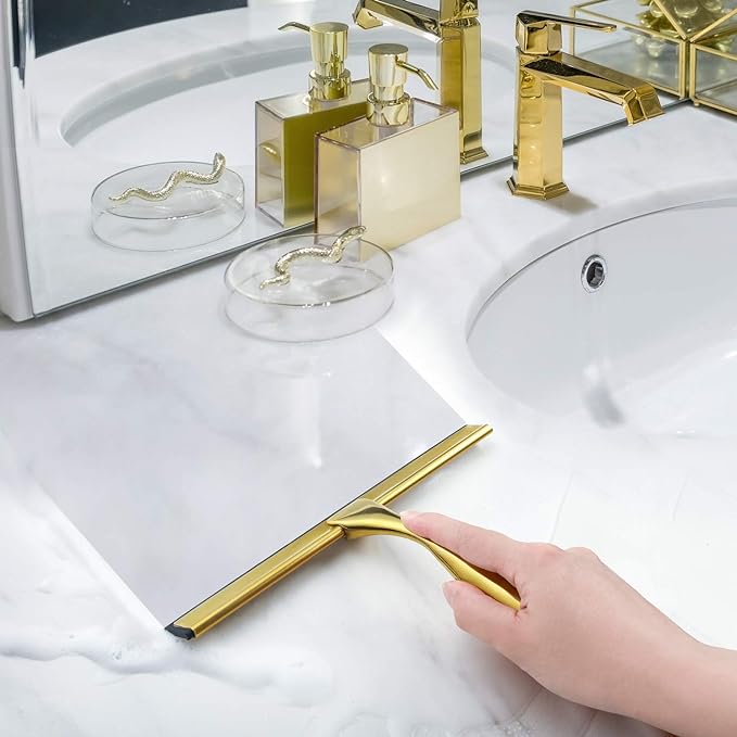 HIWARE All-Purpose Shower Squeegee for Shower Doors, Bathroom, Window and Car Glass - Brass, Stainless Steel, 10 Inches