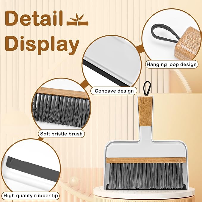 THINKLEARN Mini Dustpan and Brush Set, Portable Broom and Dustpan Combo Set with Bamboo Handle and Soft Rubber Lip, Compact Cleaning Tool for Kids, Car, Desk, Pet, Camping