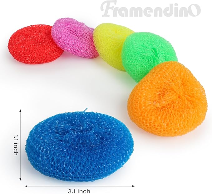 Framendino, 30 Pack Dish Scrub Brush Nylon Scouring Pads Assorted Colors Round Plastic Scrubbers Mesh Scourers Poly for Kitchen