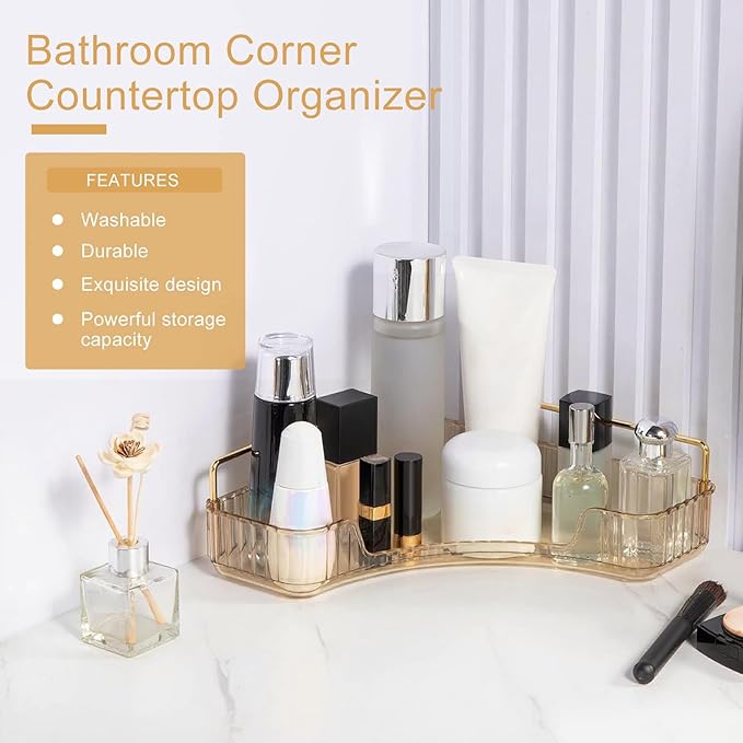 INVSSENE Corner Bathroom Countertop Organizer, Vanity Organizer Trays for Counter, Makeup Organizers, Perfume Tray, Skincare Shelf Storage Gifts for Women Girl Student (Yellow, 1 Tier)