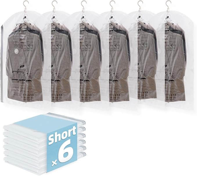 Hanging Vacuum Storage Bags, 6 Pack (41.3 x27.6 inch), Vacuum Seal Bags for Clothing, Garment Bags for Short Clothses, Jacket, Suits, Dresses, Closet Organizer Space Saving