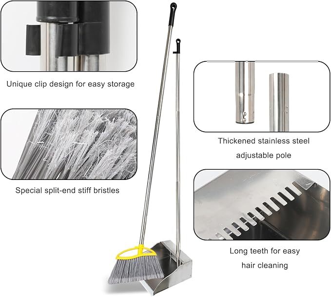 Stainless Steel Dustpan with Outdoor Stiff Bristles Broom,Long Handle Metal Dust Pan and Heavy Duty Broom for Home,Lobby,Office
