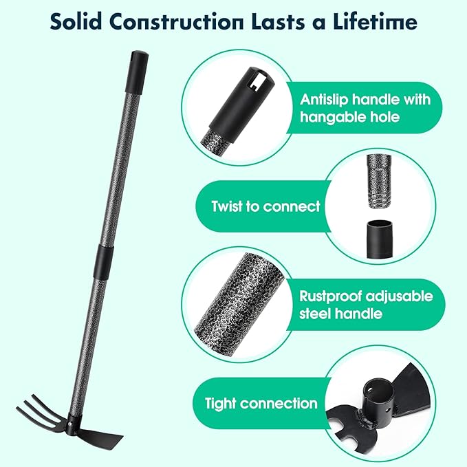 Lilyvane Hoe Garden Tool,45 Inch Long Garden Hoe and Cultivator, Garden Hand Tiller with Long Handle,Heavy Duty Garden Tools Hoe Cultivator for Gardening,Weeding, Tilling,Lossening Soil,Planting