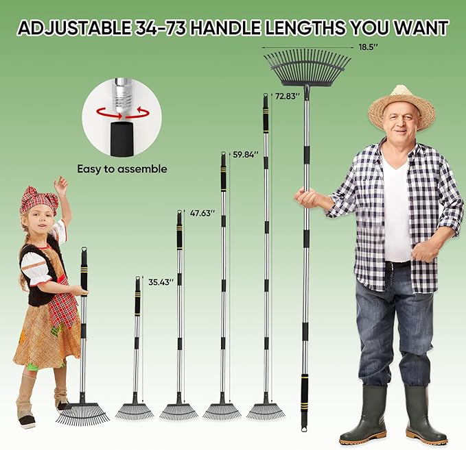 Rake Heavy Duty 6FT Long Garden Rake , 18.5 Inch Wide Leaf Rake for Lawns, 25 Metal Tines, Adjustable Stainless Steel Handle, Rakes for Leaves, Yards, Grass, Garbage, Weeds, Debris (Black)