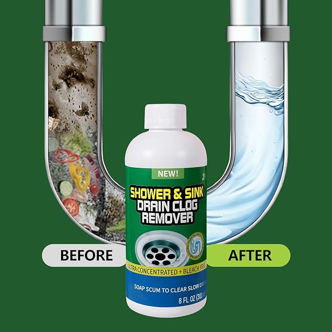 Drain Cleaner Clog Remover Liquid: Sink Kitchen Bathroom Shower Drain Cleaning Solution - Safe for Household Pipes Prevents Build-Up (2 Pcs)