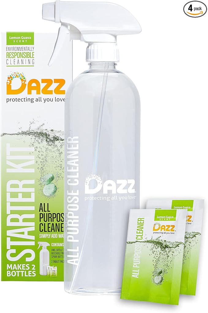 Dazz All Purpose Cleaner Starter Kit (1 Reusable Spray Bottle, 2 Refills) All Natural Multisurface Household Cleaner Spray - Eco Friendly, Non Toxic - Safe for Kids & Pets