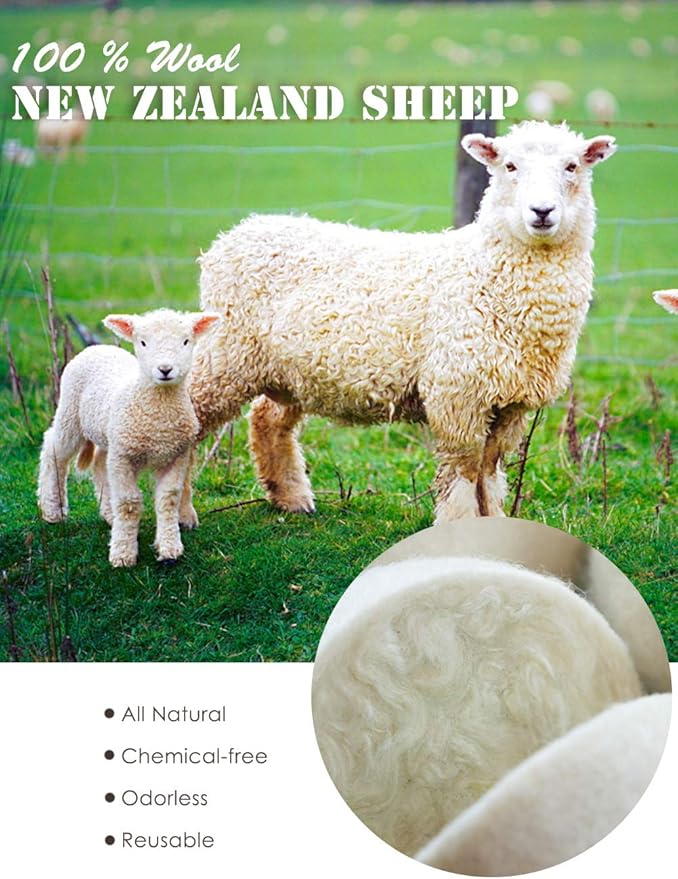 Wool Dryer Balls 6 Pack XL, Organic Natural Wool for Laundry, Fabric Softening - Anti Static, Baby Safe, No Lint, Odorless and Reusable White