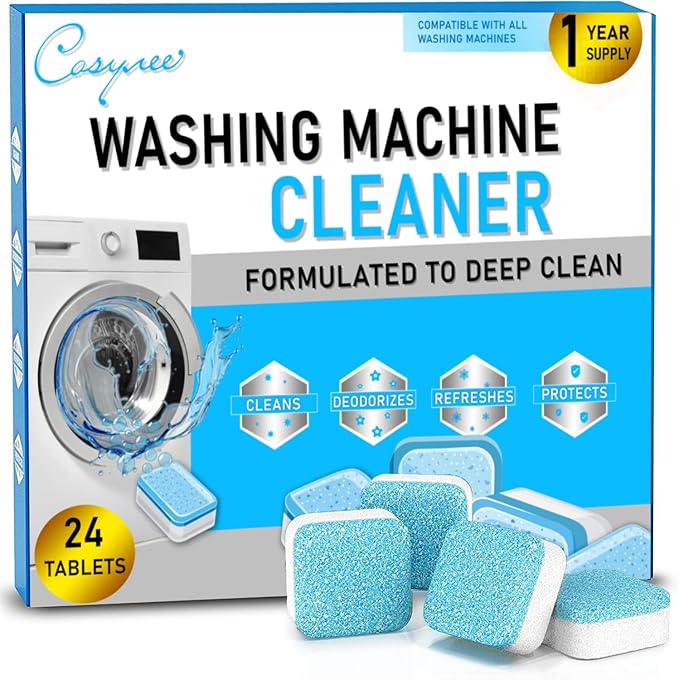 24 Washer Cleaner Tablets – Deep Cleans & Deodorizes All Washers, Removes Grime & Odor, Powerful Descaling Formula, Eco-Friendly, 1-Year Supply, Septic Safe