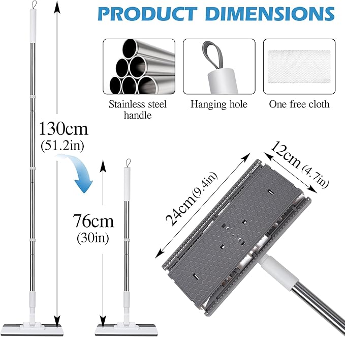Mini Sweeper Mop,Masthome Reusable Clamp Mop with 50 " Stainless Steel Handle,1 Second Installation,Compatible with Swiffer Pads,Flat Dust Mops for House Wall, Windows, Corners - 1 Sweeping Cloth