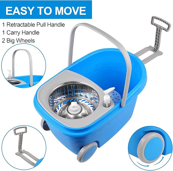 Spin Mop and Bucket with Wringer Set, 3 Washable Microfiber Pads Included for Floor Cleaning, Adjustable Stainless Steel Handle, Easy Moving with Wheels, Blue