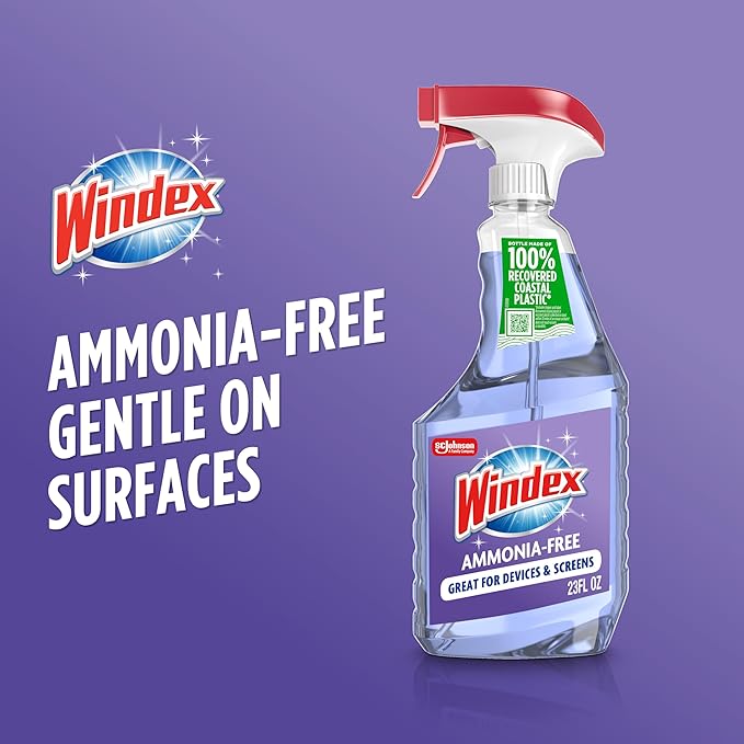 Windex Glass and Window Cleaner Spray Bottle, Ammonia Free, Packaging Designed to Prevent Leakage and Breaking, Surface Cleaning Spray, Crystal Rain Scent, 23 Fl Oz