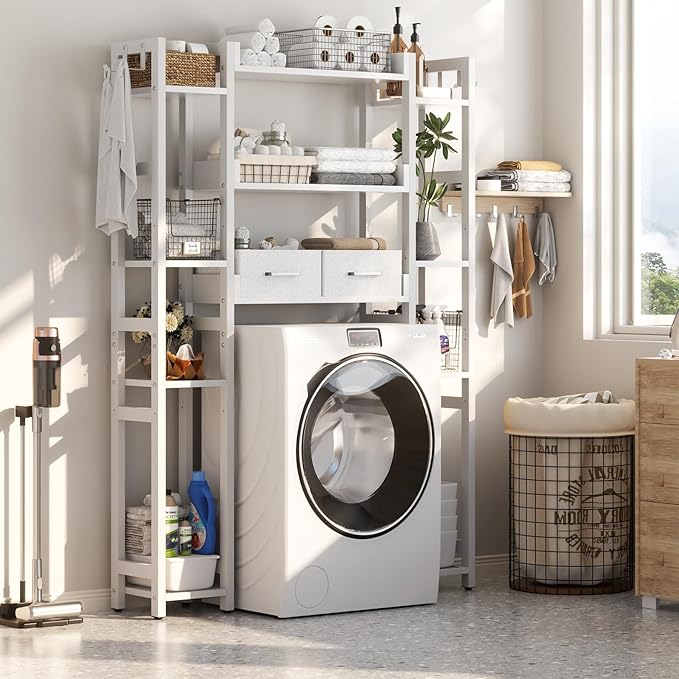 Besiost Over The Toilet Storage with 2 Drawers - 11 Tier Bathroom Organizer Freestanding Space Saver Storage Rack with Adjustable Shelf Above Toilet Stand with 4 Hooks for Restroom, Laundry, White