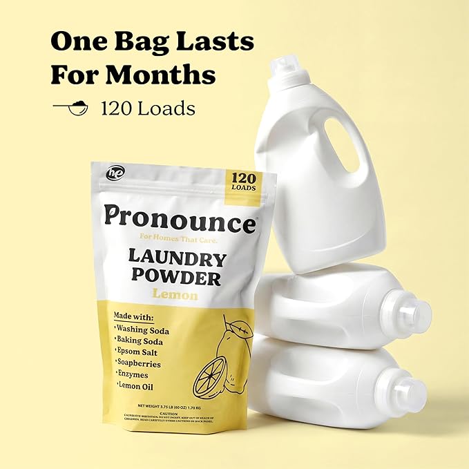 Pronounce Laundry Detergent Powder Alternative | Cleaner Ingredients. Safer for Sensitive Skin. Stain + Smell Fighting. With Essential Oils. HE Safe - 120 Loads (Lemon).