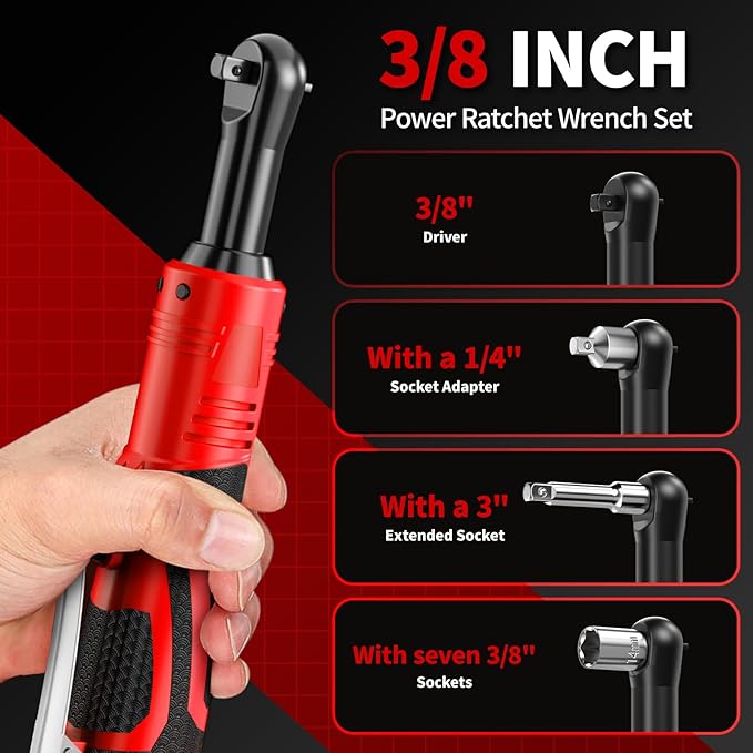 Electric Ratchet Wrench Set,40 Ft-lbs, 550 RPM, 16.8V Cordless Ratchet Wrench 3/8", Variable Speed Power Ratchet Tool Kit with 1/4" Adapter, LED Light, 2 * 2.0Ah Batteries and Fast Charger
