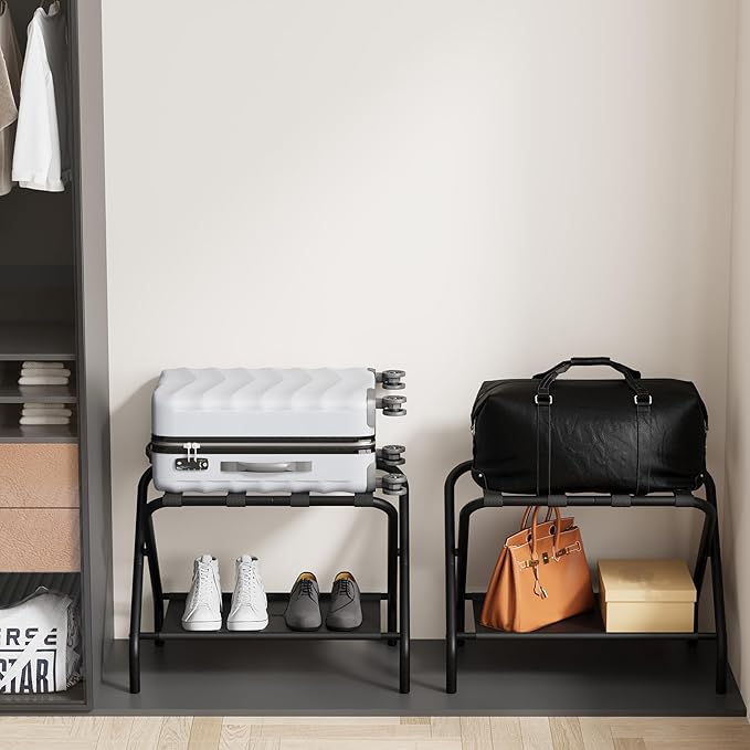 Smuxee Black Luggage Rack Pack of 2, Foldable Suitcase Stand with Fabric Storage Shelf, Luggage Holder with 4 Nylon Straps for Guest Room Bedroom Hotel