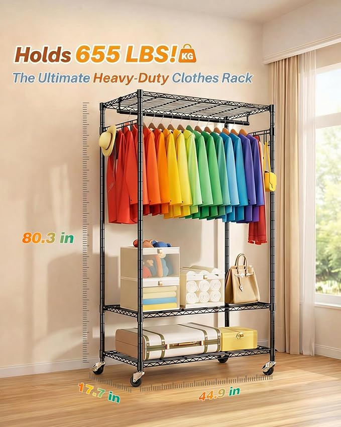 Heavy Duty Clothes Rack, Sturdy Carbon Steel Rolling Garment Rack with Lockable Wheels, Adjustable Shelves & Hooks, Free Standing Clothing Racks for Hanging Clothes, Closet System Max Load 655 LBS