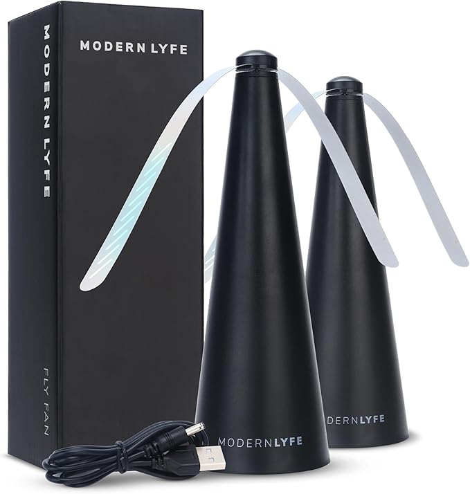 Fly Fans for Tables by Modern Lyfe - AA Battery & USB Powered - Fly Swatter Outdoor Camping Accessory Or for Food at Parties, Restaurants & Picnics, Bug Fan, Spinner Keeps Flies Away (2 Pack - Black)