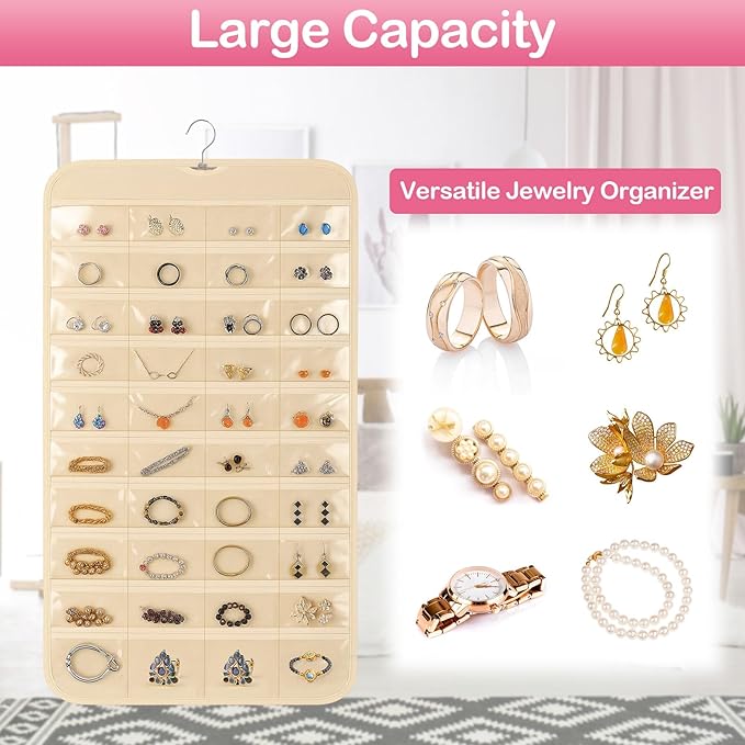 2 Pack Hanging Jewelry Organizer, 80 Clear Pockets earring organizer and storage, Accessories holder organizer for Closet, Jewelries, Necklace, Travel