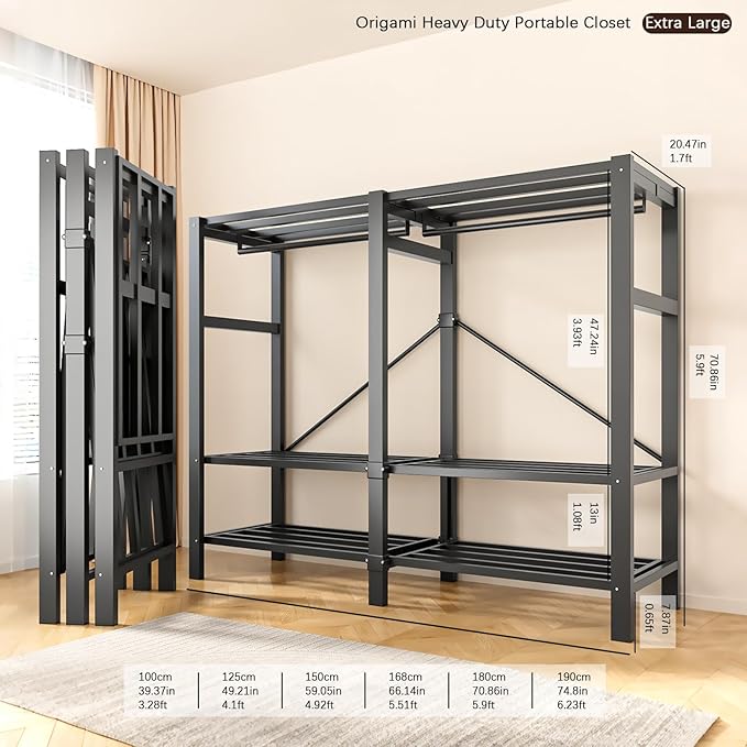 Foldable Portable Armoire Wardrobe Closet for Hanging Clothes Rack, Heavy Duty Covered Clothes Rack with Cover(HARDBOARD Magnetic), Closet Garment Rack for Bedroom Storage (KT Grey, 59.05in)