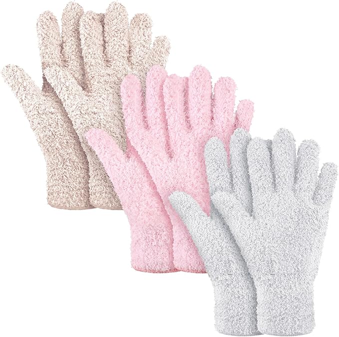 Patelai 3 Pairs Microfiber Plant Dusting Gloves Leaf Cleaning Gloves for Indoor Plants, Blinds, Furniture, House (Pink,Nude,White,Large)