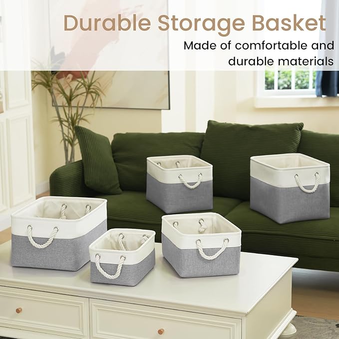 Storage Baskets for Shelves 13.8x9.8x6.7 Inch-Foldable Fabric Organizing Storage Bins with Handles, Closet & Bathroom Organizer, Home Storage for Kitchen, Office (1-Pack, White&Gray)