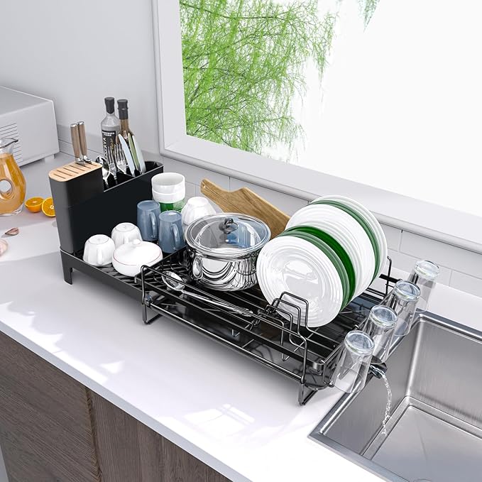 Runnatal Large Detachable Dish Rack with Drainboard Set, Dish Drying Rack Extendable Dish Rack, Utensil Holder, Cup Holder, Expandable Dish Drainer for All Kitchen Counter,20.5"-27.6" L x 12.6" W
