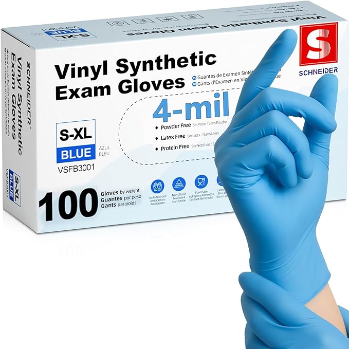 Schneider Vinyl Synthetic Exam Gloves, 4 Mil, Latex Free Disposable Gloves for Medical, Cooking, Cleaning, and Food Prep