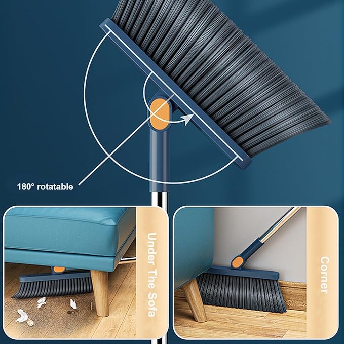 37.8in Broom and Dustpan Set Foldable Hand Broom for Home & Kitchen with Rotatable Standing Storage, Buckle Type Broom with Dustpan Combo Set Outdoor Brooms Cleaning Tool Apartment Essentials (Blue)