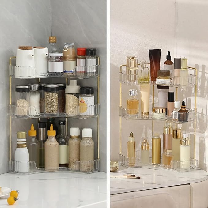 INVSSENE Corner Bathroom Countertop Organizer, Vanity Trays for Counter, Makeup Organizers, Perfume Tray, Kitchen Spice Rack, (Clear, 3 Tiers)
