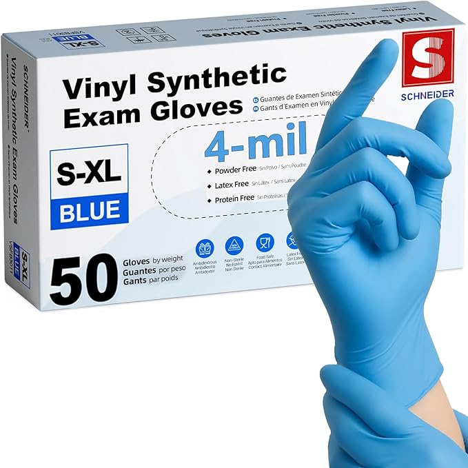 Schneider Vinyl Synthetic Exam Gloves, 4 Mil, Latex Free Disposable Gloves for Medical, Cooking, Cleaning, and Food Prep