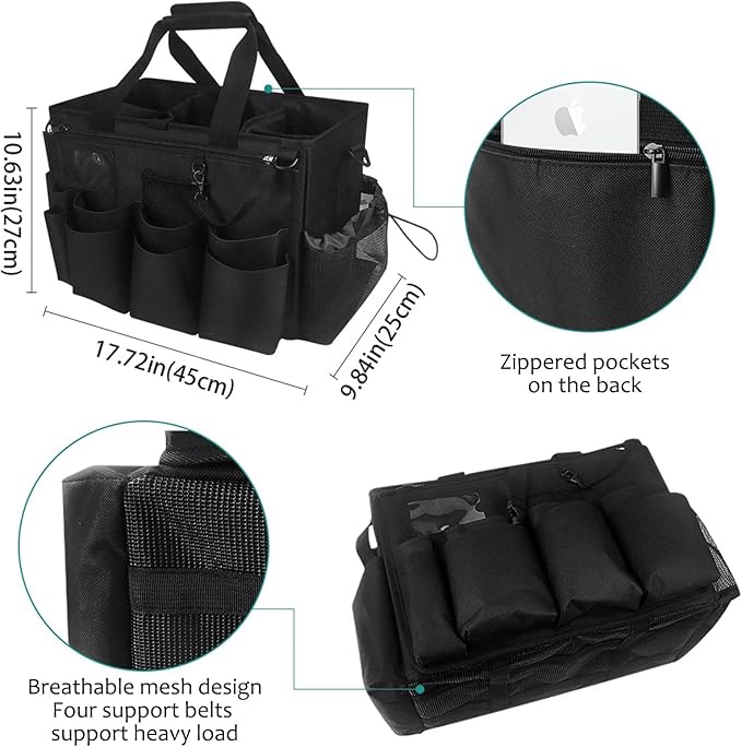 Qivine Cleaning Caddy with Handle, Cleaning Supply Caddy Foldable Tool Bag Cleaning Products Organizers Portable Cleaning Bucket Organiser for Storing Towels（Black Square）