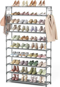 LANTEFUL 10 Tiers Shoe Rack 50 Pairs Large Capacity Tall Shoe Organizer Sturdy Shoe Storage with Two Hooks Space Saving Metal Wide Shoe Rack for Closet, Entryway, Bedroom, Grey