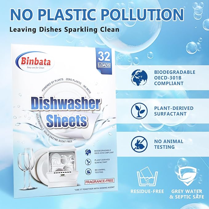 Binbata Upgraded Eco Dishwasher Detergent Sheets Up To 32 Loads, Unscented Plastic Free Dishwashing Soap Strips With High Efficient Solid Enzyme, Leaving Dishes Sparkling Clean