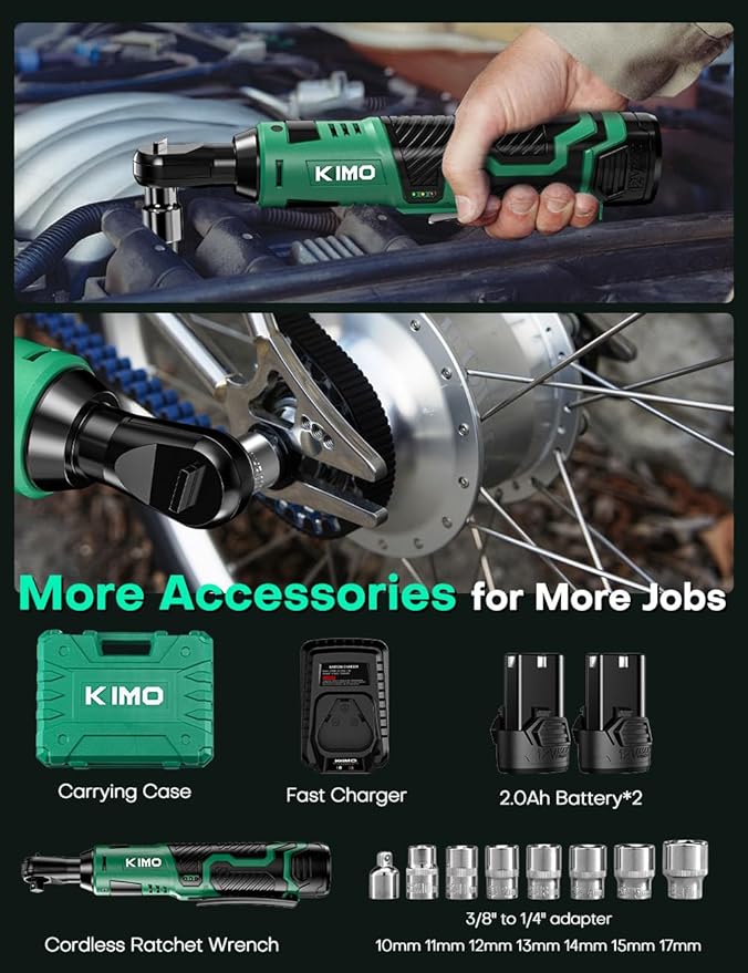 KIMO Cordless Electric Ratchet Wrench Set, 40Ft-lbs, 400RPM, 12V Cordless Ratchet Wrench 3/8" w/Variable Speed Trigger, 7Sockets, 1/4" Adapter, Forward/Reverse Switch, 2Battery Power Ratchet w/Charger