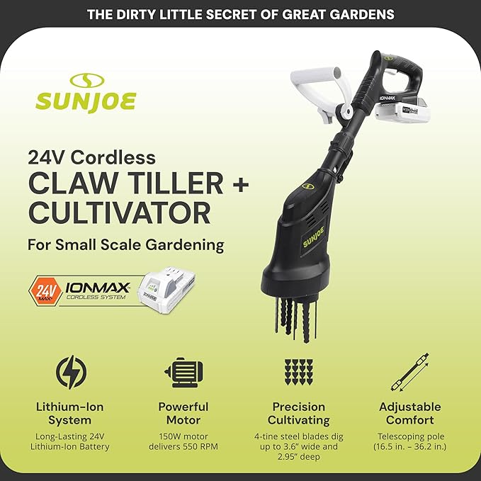 Sun Joe Cordless Garden Claw Tiller & Cultivator with 4-Tine Steel Blades, Battery & Charger, 3.6 Inch, 24V, 150W Motor - Heavy-Duty Tilling Machine for Lawn, Yard, and Gardening Care, 24V-CTLR-LTE