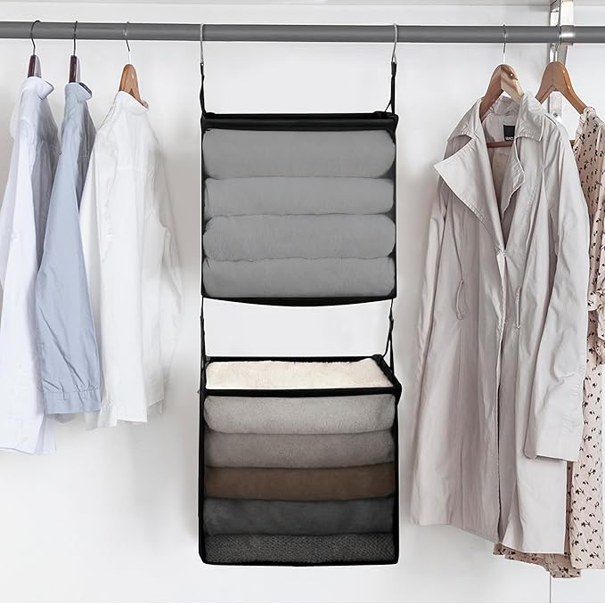 STORAGE MANIAC 2-Shelf Hanging Closet Organizer, Cloth Hanging Closet Shelf, Hanging Closets Baskets with Hooks for Dorm, Apt, Bedroom, College, Garment Rack, Wardrobe, Fabric with Mesh, Black