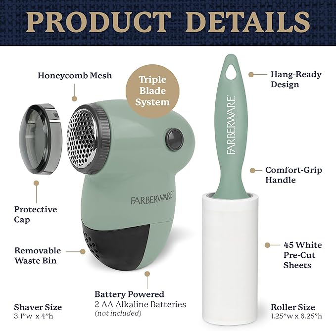 Farberware Fabric Shaver & Lint Remover Set–Battery Operated Sweater Shaver with Triple Blades and Extra Sticky Roller for Pet Hair, Fuzz & Pilling on Clothes, Upholstery & Bedding (Sage, Small)