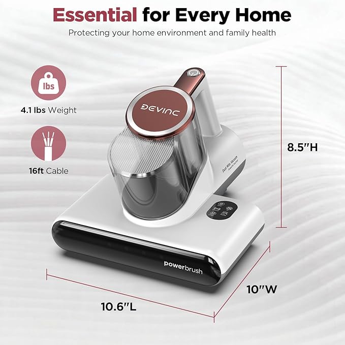DEVINC Mattress Vacuum Cleaner, 16Kpa 650W Bed Vacuum Cleaner with 245nm UV-C Light& Ultrasonic, 140°F Heat, HEPA Filter, Versatile Handheld Vacuums for Bed, Sofa, Couch, Crib, Beige Corded