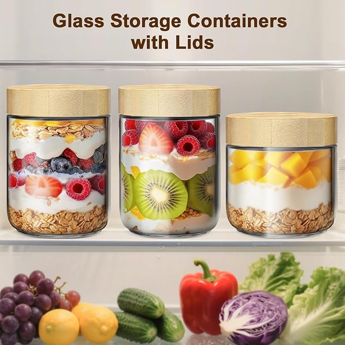 2 Pack 10oz Glass Jars with Bamboo Lids, Overnight Oats Containers with Airtight Lids, Storage Containers Wide Mouth Mason jars for Salad,Yogurt, Sugar, Snacks, Spices