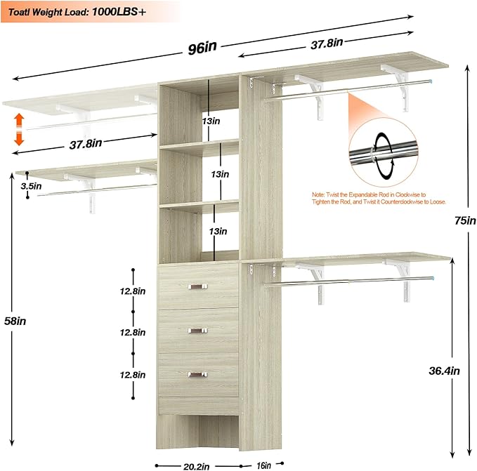 iSunirm 8FT Closet System, 96'' Closet Organizer System with 3 Hanging Rods, Wall Mount Bedroom Wardrobe with 3 Drawers Walk-in Closet, Adjustable Garment Rack from 5 to 8FT(Cut to Fit), White Oak