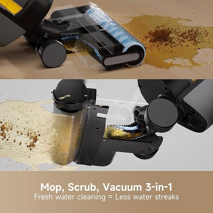 DREAME H12S Cordless Vacuum Mop, Vacuum and Mop at The Same Time, Wet Dry Vacuum for Hard Floors, Edge Cleaning, Hot Air Drying, Smart Floor Cleaner Machine Great for Sticky Messes on Multi-Surfaces