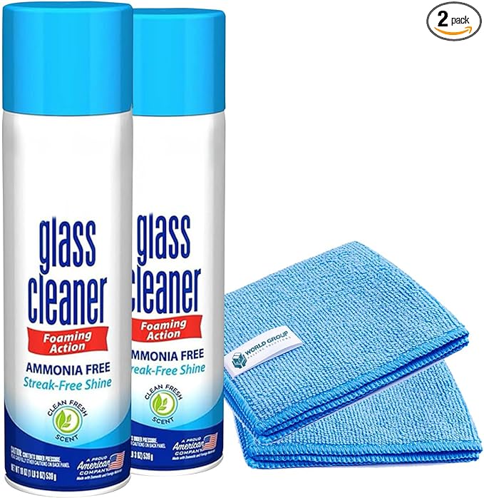 Glass Cleaner Foam, Foaming Action & Spray, 19oz - 2 Pack - Clean Fresh Scent - Bundled With 2 Microfiber Rags