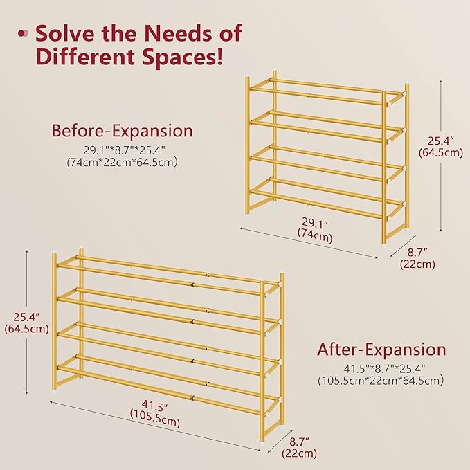 Tajsoon Expandable Shoe Rack for Closet 4 Tier, 29“-41“Adjustable & Stackable Shoe Shelf Storage, Metal Shoe Rack Organizer for Front Door Entrance, Closet, Garage, Entryway, Gold