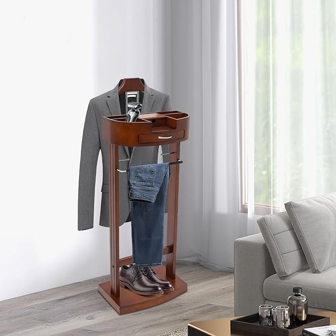 Wood Suit Rack Suit Stand for Man and Women Clothes Valet Suit with Drawer Valet Stands Men Valet Brown Suit Valet for Entryway Office Living Room