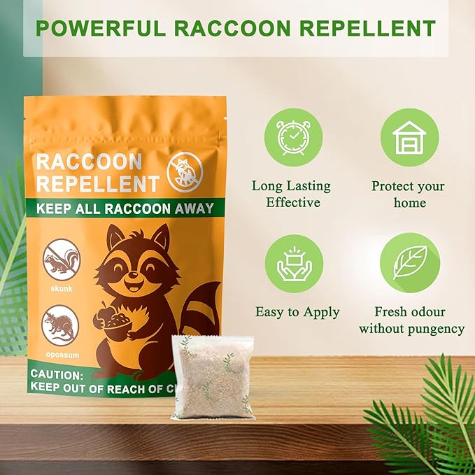Natural Raccoon Repellent Granules | Eco-Friendly, Non-Toxic & Long-Lasting Protection with Garlic, Peppermint & Wintergreen Oils | Safe for Pets and Children |10-Pack (25g per Bag)