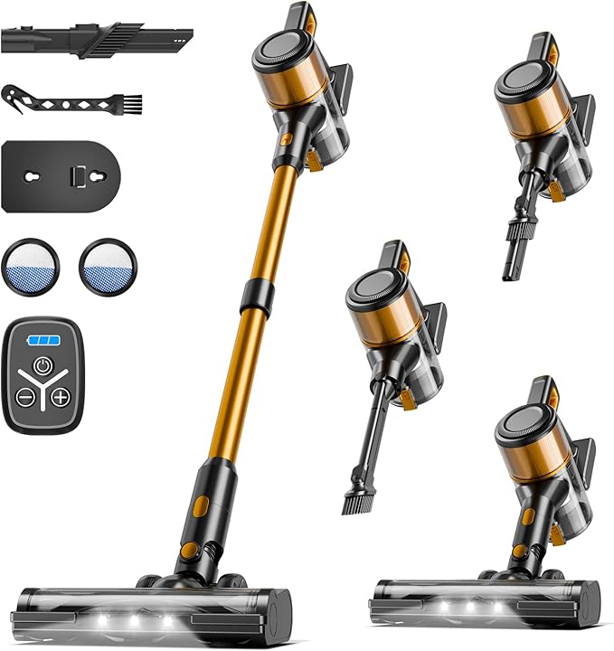 Cordless Vacuum Cleaner, 38Kpa Vacuum Cleaners for Home, 60Mins Lightweight Stick Vacuum with LED Display, Anti-Tangle & Wall Mount , 8 in 1 Lightweight Vacuum for Hard Floors Carpet Pet Hair, Gold