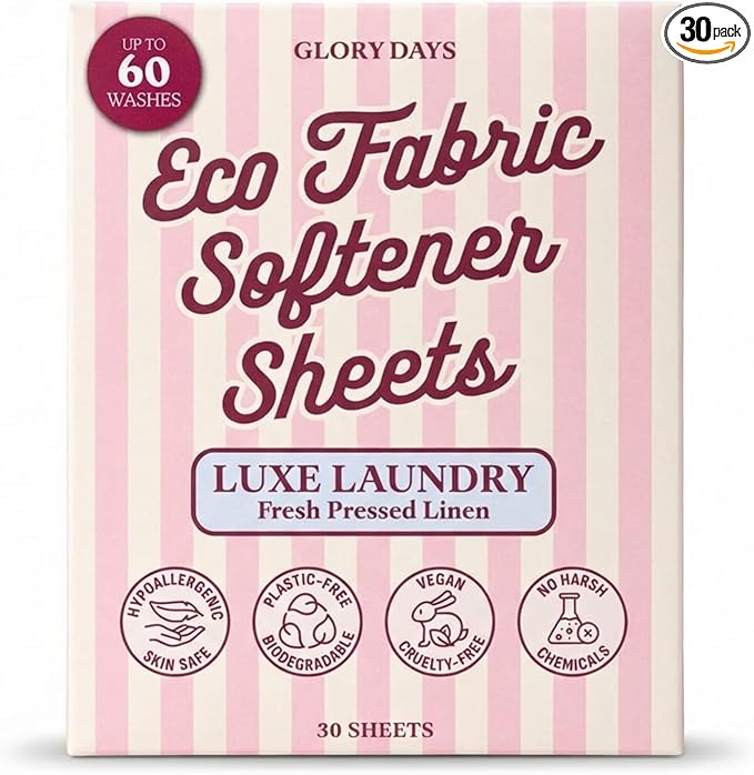 Glory Days Fabric Softener Sheets for Washer - Fresh Linen Scent, Replaces Liquid Softener, Plant-Based, Plastic-Free, Eco Friendly, 60 Loads