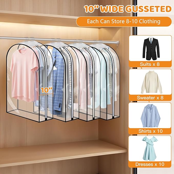 Dntorx 4 Pack Full Clear Garment Bags with Side Zipper, 50" Clothes Covers with 10" Gusset, Transparent Hanging Suit & Coat Covers for Closet Storage, Jackets, Dresses, Windbreakers